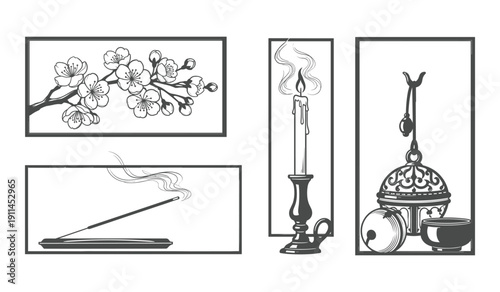 Black And White Line Of Floral Branch Candle Holder And Incense Burner