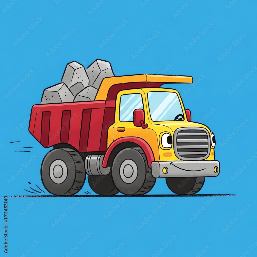 Naklejka premium Cartoon Dump Truck Hauling Rocks on Blue Background.