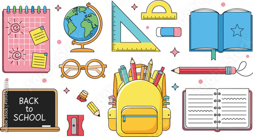 Back to school supply set with backpack globe notebook pencils and blackboard flat vector illustration, cad drawing flat vector illustration