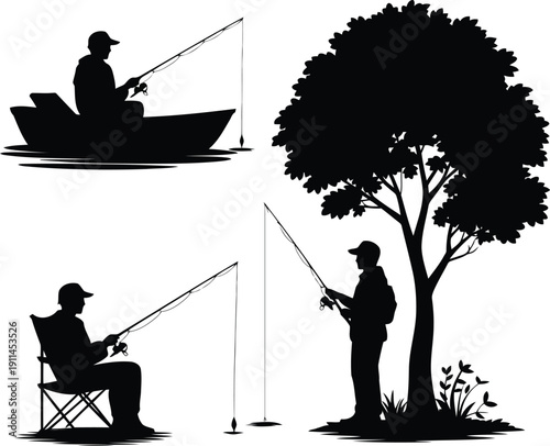 Men fishing in different outdoor settings silhouetted