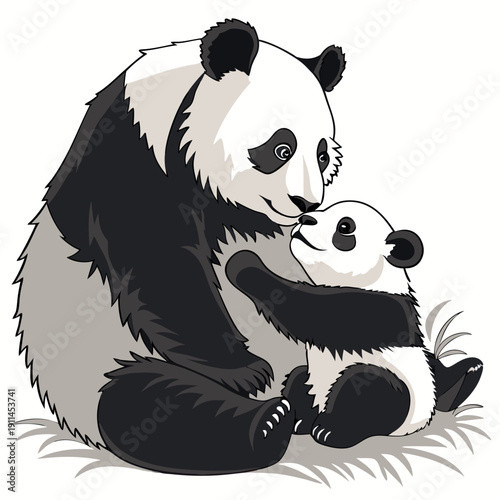 A heartwarming scene of a mother panda and her cute child
