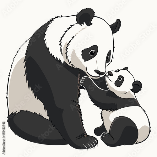 A heartwarming scene of a mother panda and her cute child