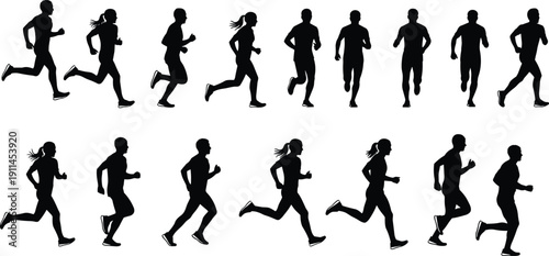 Black Silhouette Vector Illustration Set of Diverse Men and Women Running Jogging and Sprinting for Marathon Training Fitness Exercise and Healthy Active Lifestyle ConceptBlack Silhouette 