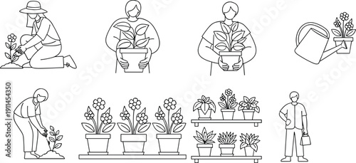 Black and white line art vector illustration set of people gardening planting flowers in pots and nursery shelves for hobby horticulture and greenhouse design