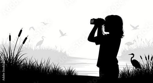 Silhouette of a young girl birdwatching by a lake with reeds and flying birds, black and white illustration.
