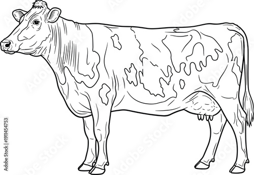 Dairy cow standing illustration, black and white line art of a farm animal for kids coloring book, agricultural livestock design