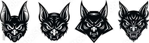 Aggressive Bat Head Vector Illustration Set Featuring Fierce Vampire Creature Faces and Scary Monster Silhouettes for Esports Mascot Logos Horror Design and Tribal Tattoos