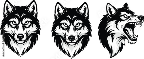Aggressive Wolf Head Vector Illustration Set Featuring Fierce Alpha Male Predators and Growling Wild Animal Silhouettes for Sports Mascot Logos and Tribal Tattoo Designs