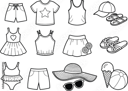 Collection of black and white summer clothing line art icons for coloring book featuring t-shirts shorts dresses hats sunglasses flip flops and beach ball