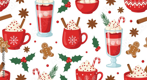 Christmas Seamless Pattern Featuring Hot Chocolate Mugs With Marshmallows Gingerbread Men Candy Canes Cinnamon Sticks Star Anise And Holly Berries For Winter Holiday Background