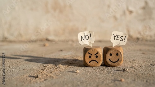 Decision Cubes: Conceptual illustration of two wooden cubes, one expressing negativity with a NO! speech bubble, and the other radiating positivity with a YES! thought bubble.