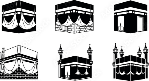 Set of Six Islamic Kaaba Vector Icons Black and White Illustrations of Mecca Shrine for Pilgrimage