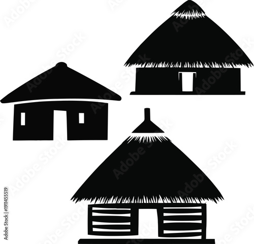 Traditional African thatched roof huts in black silhouette