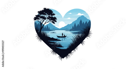 Heart-shaped landscape with a serene lake, mountains, and a boat, symbolizing love for nature.