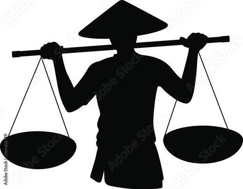 Traditional Asian silhouette of person wearing conical hat carrying shoulder pole with baskets, rural lifestyle vector illustration cultural heritage labor scene
