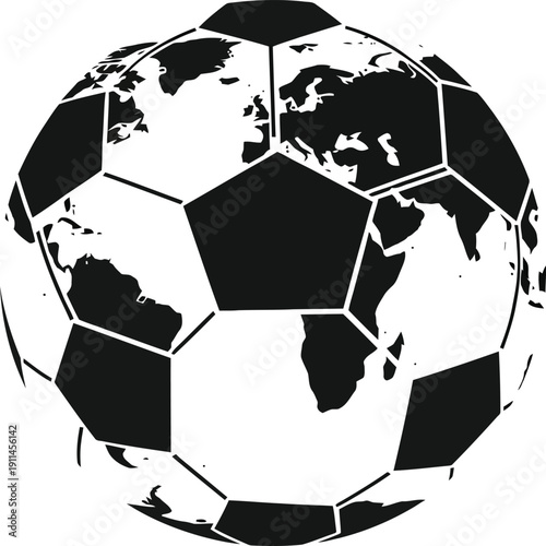 Black and white illustration of a soccer ball with world map
