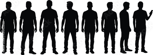 Man silhouette collection vector set, standing male figures in casual clothing, group of guys in different poses, black white isolated.