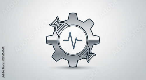Gear with dna helix and heartbeat line on white background symbolizing biotechnology and innovation