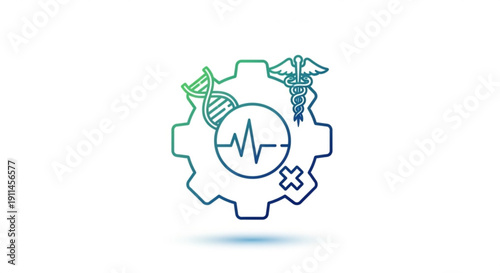 Medical technology concept with gear dna and rod of asclepius on white background