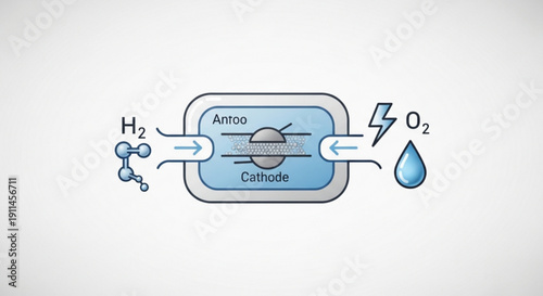 Hydrogen fuel cell diagram with oxygen and water molecules electricity generation