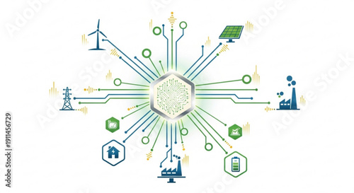 Eco friendly technology network with renewable energy sources and sustainable living concepts connected to a central hub
