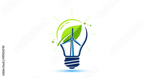 Eco friendly light bulb with green leaf and wind turbine inside glowing brightly symbolizing sustainable energy and innovation for a greener future
