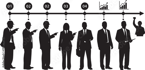 Black Solid Timeline Manager Silhouettes Set of Six on White Background