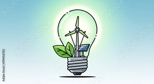 Eco friendly light bulb with wind turbine and solar panel inside glowing green light bulb on blue background