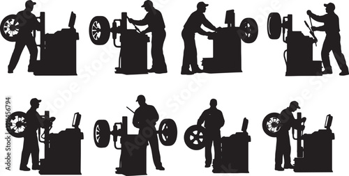 Black Solid Mechanic Tire Balancer Silhouettes Set of Six on White Background