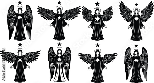 Set of Christmas Angel Silhouettes with Wings and Stars, Celestial Guardian Angel Vector Icons, Religious Spiritual Black and White Design Elements