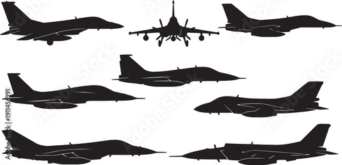 Black Solid Turbofan Powered Military Aircraft Silhouettes Set of Six on White Background