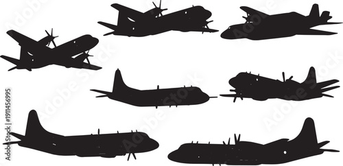 Black Solid Turboprop Maritime Patrol Planes Silhouettes Set of Six on White Background