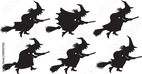 Black Solid Urgent Witch Flight Silhouettes Set of Six on White Background