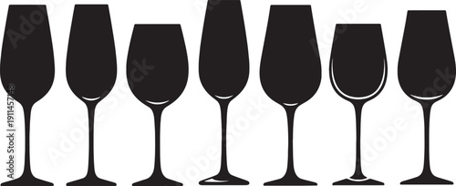 Black Solid Vertical Emphasis Wine Glasses Silhouettes Set of Six on White Background