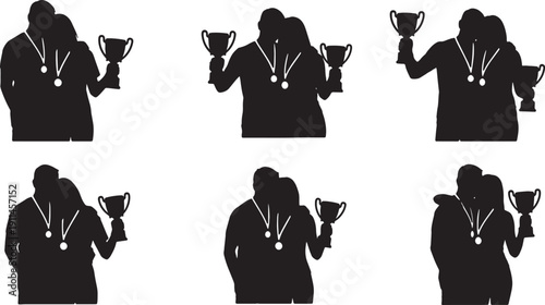 Black Solid Victory Trophy Winner Hugs Set of Six on White Background