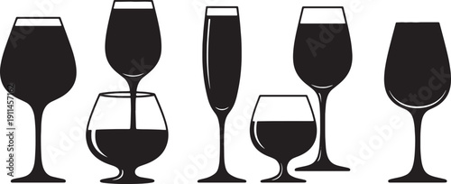 Black Solid Vintage Ad Style Wine Glasses Silhouettes Set of Six on White Background