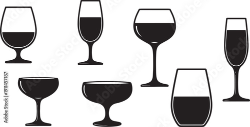 Black Solid Varied Size Wine Glasses Silhouettes Set of Six on White Background