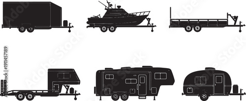 Black Solid Various Trailer Silhouettes Set of Six on White Background