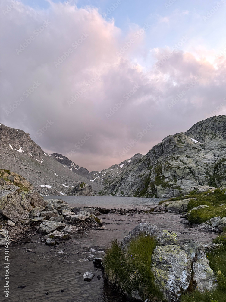 Obraz premium Bellacomba mountain lake in La Thuile, Aosta valley, Italy