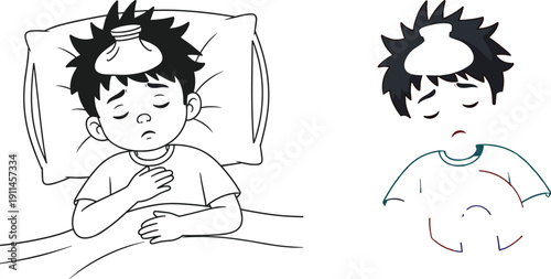 Sick little boy lying in bed with ice pack on head, fever and flu symptoms illustration for pediatric healthcare, medical