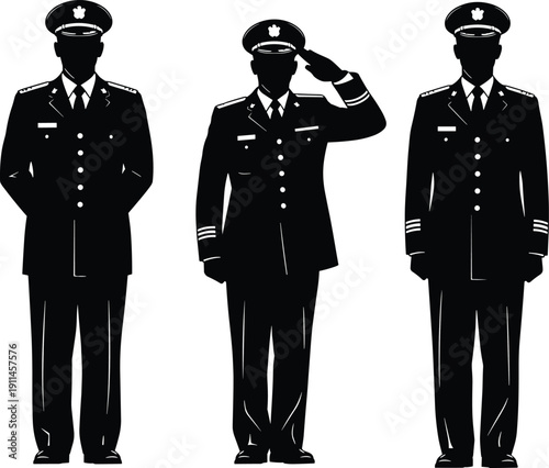 Vector illustration of three military officers in ceremonial uniforms, saluting and standing with discipline, symbolizing respect, tradition, honor, and authority.