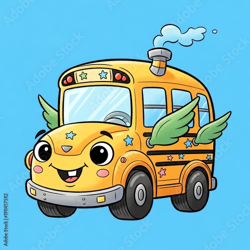Cute Flying School Bus Cartoon Illustration.