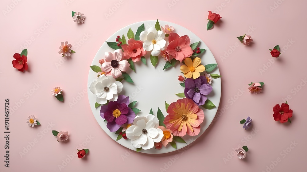 Naklejka premium Colorful floral wreath arrangement crafted from vibrant paper flowers on a pastel pink background creating an elegant decorative design