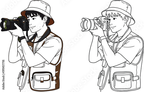 Young photographer in a bucket hat holding a professional digital camera, male videographer illustration for hobby and creative media work