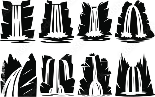 Waterfall silhouette vector illustration set, black and white nature icons with cascading streams, rock formations, splashes, and rippling water