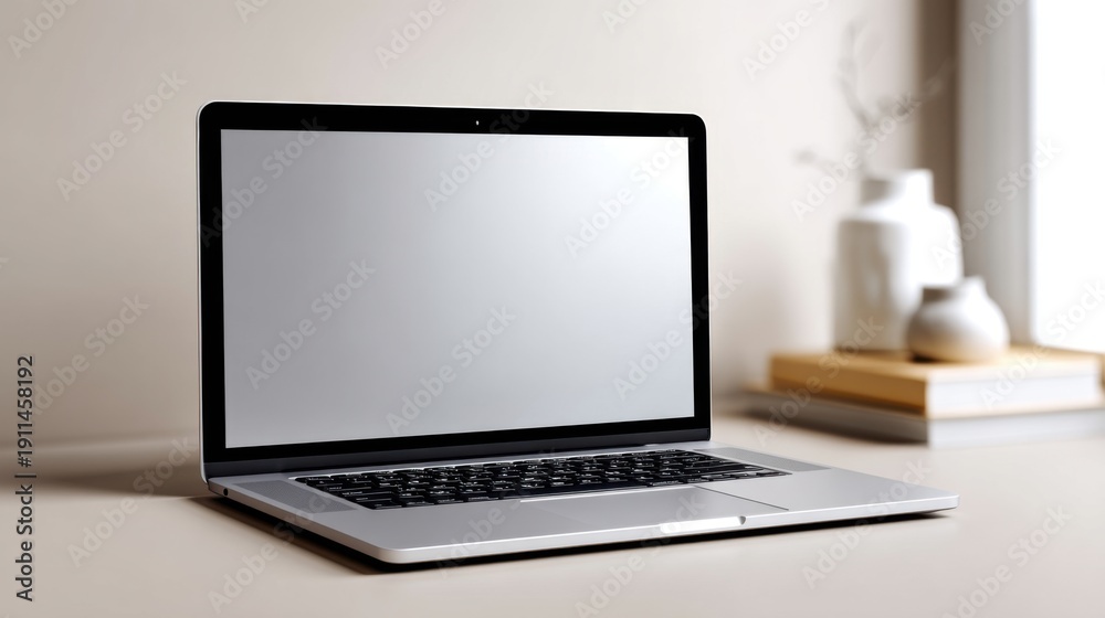 Fototapeta premium Modern laptop with empty screen on neutral background, perfect for digital advertising or app mockups
