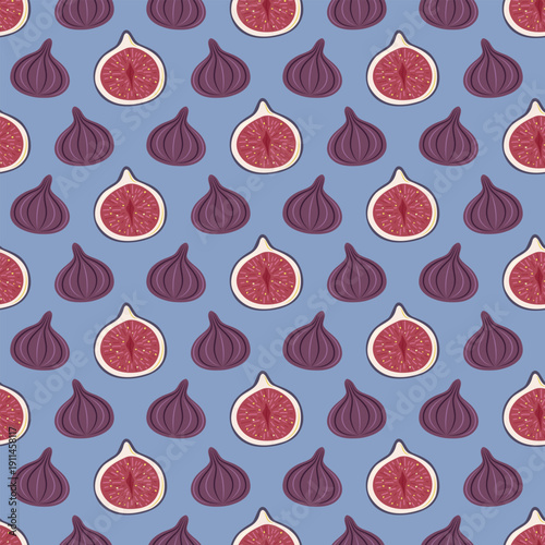 Seamless pattern with fig on blue background. Stylized whole fruit and slices. Simple flat vector illustration.