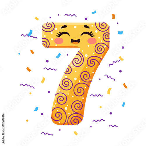 Happy cartoon number seven with confetti celebrating joyful moments