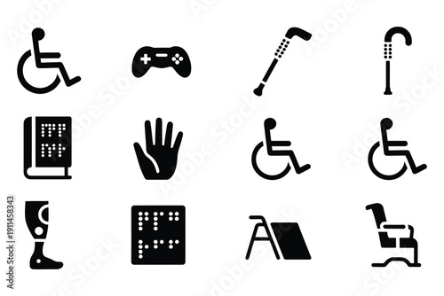 Accessibility UI icons for assistive technology and inclusive design apps, modern flat symbols pack for user interface design