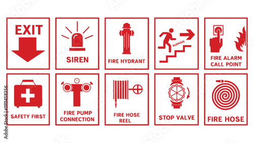 Fire safety signs and symbols illustration on white background
